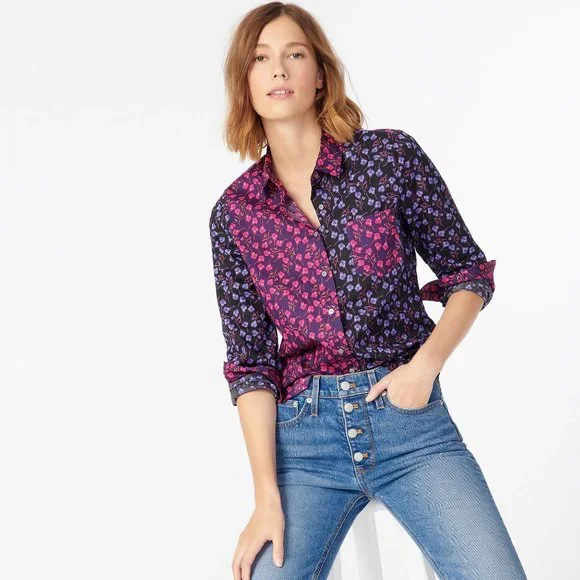 NEW J Crew Liberty Mixed Floral Perfect Shirt Eggplant Purple NWT 2 4 - Picture 3 of 11